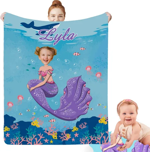 Miniatura 26 de Regalos de Sirena para Niñas, Manta de Bebé Personalizada Pequeña Sirena con Nombre y Foto para Recién Nacidos, Mantas de Regalo Personalizadas