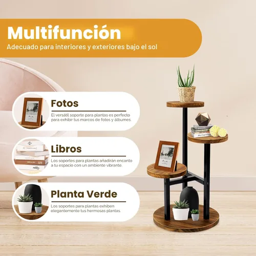 Miniatura 5 de GEEBOBO Soporte para Plantas de 3 Niveles para Interiores, Soportes de Metal y Madera para Plantas de Interior Múltiples, Estante Escalonado