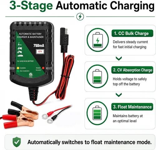 Miniatura 3 de Unocho Cargador de batería de 12 V 750 mA Mantenedor automático de goteo y flotador para baterías de plomo-ácido, desconexión rápida SAE con clips