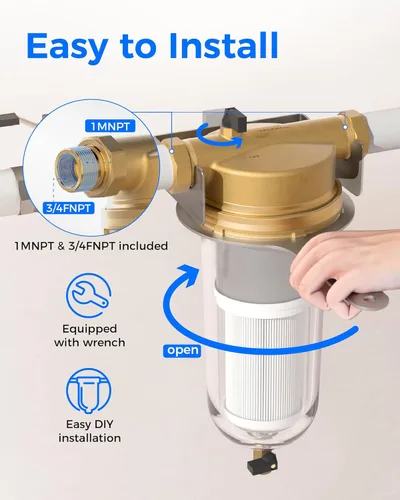 Miniatura 8 de Waterdrop Filtro de sedimentos Mega Spin Down, sistema de filtro de agua reutilizable para toda la casa con mayor capacidad, 2 en 1 doble filtración