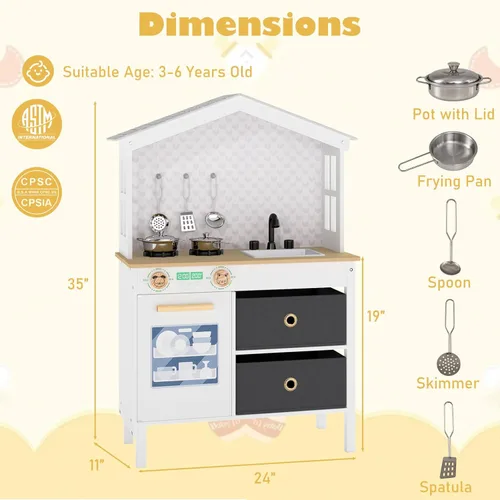 Miniatura 7 de Costzon Cocina de Juguete para Niños, Juguete de Cocina Montessori Little Chef con 2 Estufas, Perillas Giratorias, Grifo, Fregadero, Lavavajillas, 2