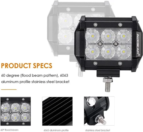 Miniatura 3 de Auxbeam Barra de luz LED de 4 pulgadas, 18 W, 18 W, haz de inundación, luz de conducción todoterreno para SUV, ATV, UTV, camiones, camionetas