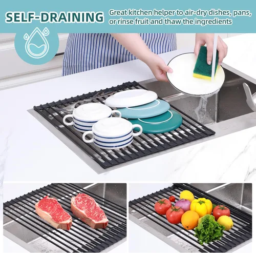 Miniatura 3 de Ohuhu Escurreplatos Enrollables, 16.5" L x 13" A Escurridor de Platos Sobre el Fregadero Estante de Secado Organizador de Fregadero de Cocina