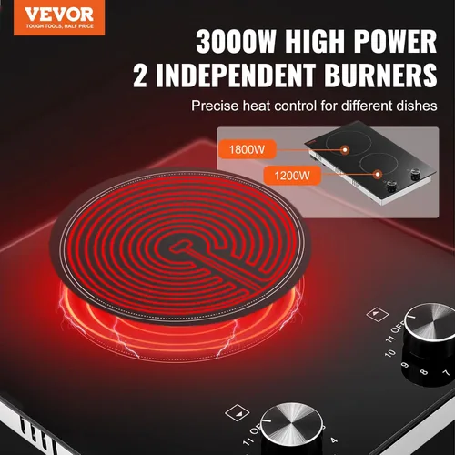 Miniatura 4 de VEVOR Electric Cooktop, 12 inch 2 Burners Built-in Electric Stove Top, 3000W Ceramic Top Radiant Cooktop, with 11 Heat Levels, Glass Panel, Knob