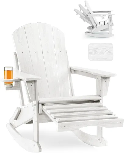 Miniatura 16 de Mecedora plegable Adirondack, silla de patio multifuncional 4 en 1 con otomana retráctil, silla de exterior con textura de madera, silla de césped