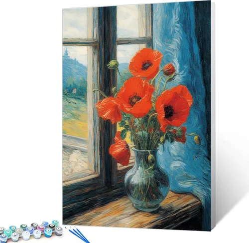 Miniatura 19 de Tucocoo Kit de pintura de lavanda por números con pinceles y pigmento acrílico sobre lienzo para adultos, diseño rústico de ventanas, arte floral