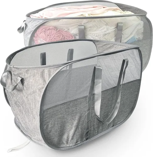 Miniatura 23 de Cesta de lavandería desplegable de malla extra grande de 100 litros con tapa y asas, paquete de 2, cesta de ropa sucia plegable XL