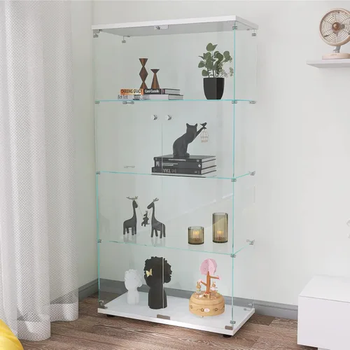 Vitrina de cristal de 64 pulgadas de alto, gabinete de 4 estantes con puertas de vidrio, colección Curio, vitrina de trofeos con cerradura, Blanco