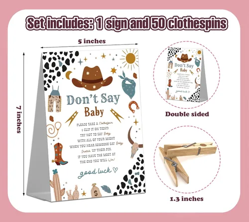 Miniatura 2 de Letrero de juego de vaquero para baby shower (1 letrero + 50 mini pinzas para la ropa) para decoraciones y recuerdos de fiesta de revelación