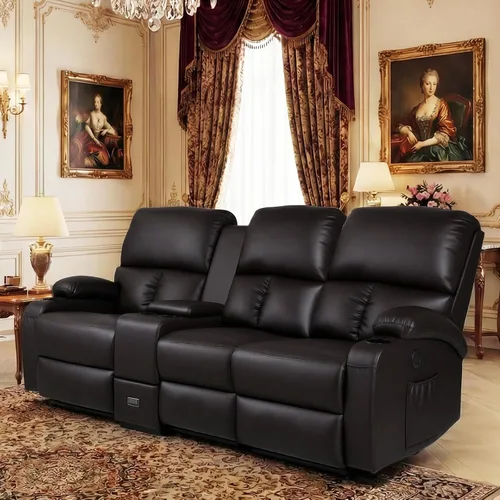 Miniatura 13 de CHABATREE Sofá reclinable con masaje y calor, asiento de cine en casa, sofá biplaza reclinable manual para caravana con soportes USB/tazas