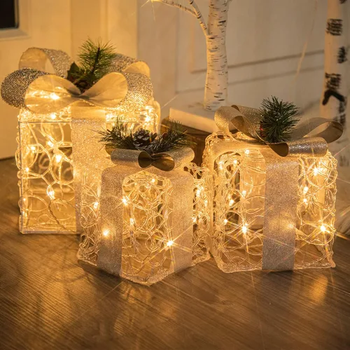 Miniatura 9 de PEIDUO Cajas de regalo iluminadas de Navidad, juego de 3, decoraciones de regalo al aire libre, paquetes debajo del árbol para interiores, fiestas