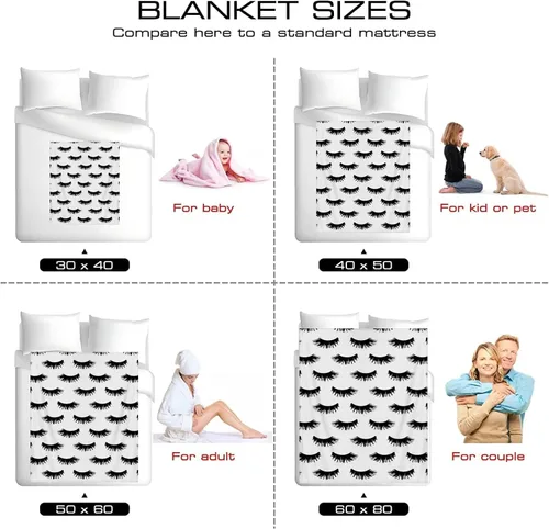 Miniatura 8 de Manta de pestañas en blanco y negro para sofá (50 x 60 pulgadas), manta de franela suave para decoración de habitaciones de pestañas, ropa de cama