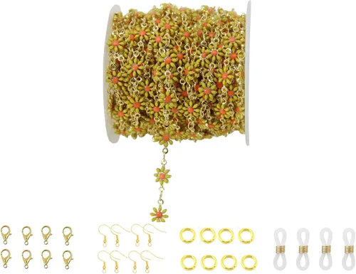 Miniatura 18 de Cadena de eslabones de girasol esmaltada hecha a mano con fornituras de latón chapado en oro para hacer joyas, máscara de vidrio, zapatos, Cc02