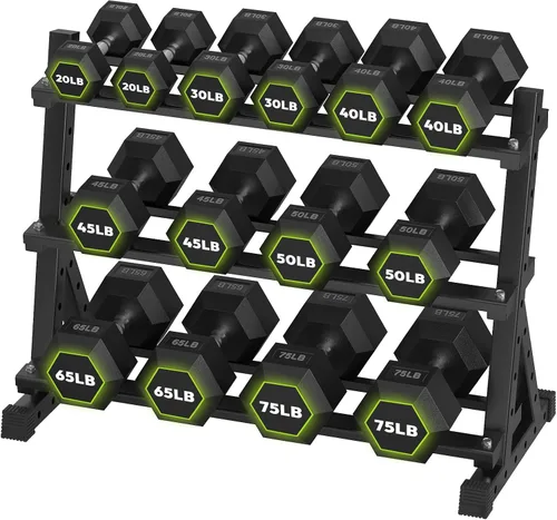 Miniatura 17 de HANDBODE Juego de mancuernas hexagonales con estante, 290-670 lb juego de mancuernas de ejercicio y fitness con revestimiento de goma, peso de mano