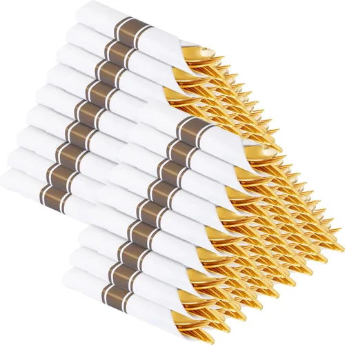 Miniatura 9 de Supernal Juego de 30 Cubiertos de Plástico Dorado Preenvueltos con Servilletas, Juego de Cubiertos de Plástico Envueltos, Utensilios Desechables