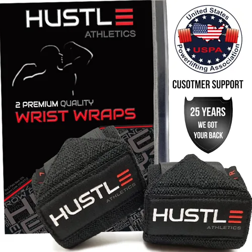 Hustle Athletics Muñequeras para levantamiento de pesas, correas de soporte de muñeca de 12 pulgadas aprobadas por la USPA para prensa de banco,