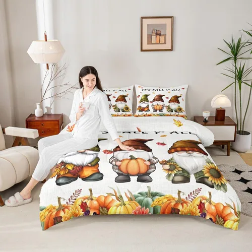 Miniatura 16 de Juego de edredón de cosecha de calabaza de otoño, tamaño individual, juego de ropa de cama de otoño con hojas de arce y girasol, decoración
