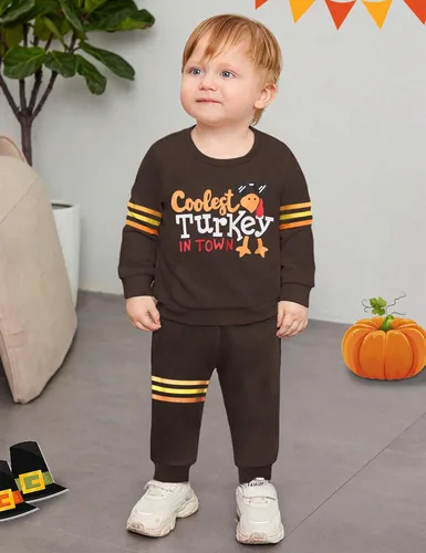 Miniatura 3 de WIQI Toddler Baby Boy Thanksgiving Outfit Turkey Letter Print Long Sleeve Striped Tops + Long Pants Thanksgiving Outfit Set