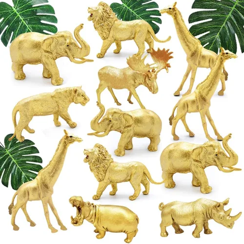 Figuras de animales de plástico dorado metálico, 12 figuras de animales de zoológico de safari dorado, animales salvajes de la selva para decoración