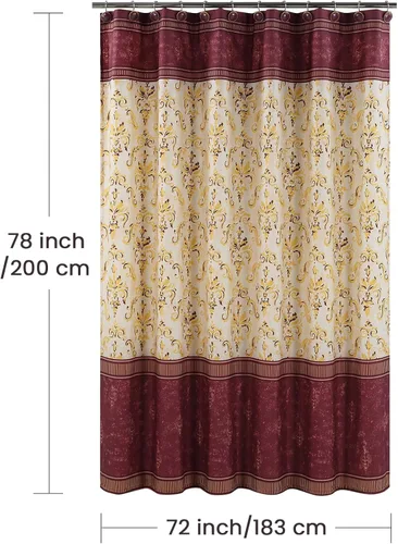 Miniatura 7 de Cortina de ducha larga de tela, cortinas de ducha de damasco bohemio con estampado de paisley en vino burdeos y oro amarillo, cortinas impermeables