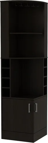 Miniatura 7 de FM FURNITURE The Seattle - Armario esquinero para bar con 3 estantes abiertos, estante de cristal, 8 cubos de botellas y puertas dobles, color negro