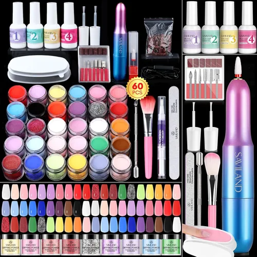 Miniatura 10 de SAVILAND - Kit de iniciación de uñas de polvo de inmersión de 49 piezas - 40 colores, polvo de inmersión de color rosa intenso, rojo, nude suave