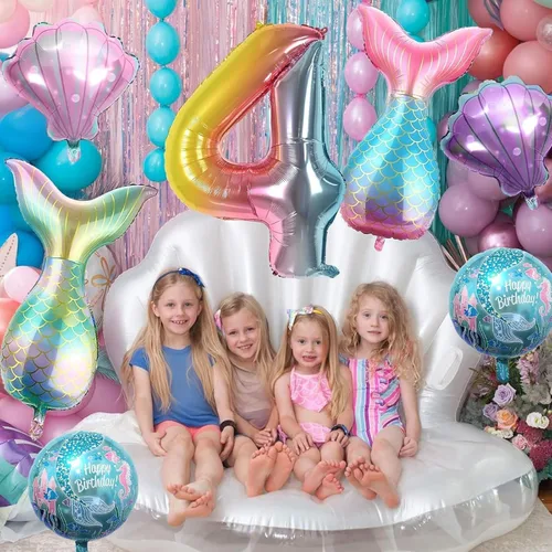 Miniatura 5 de Decoraciones de cumpleaños de 4º sirena, kit de globos de color rosa y azul, globos de cola de globo marino para niñas, fiesta de sirena, baby