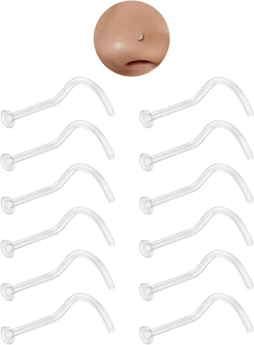 Miniatura 9 de Juego de 12 aretes de nariz transparentes para el trabajo, para mujeres y hombres, 12 piezas de 18G 20G Bioflex de plástico en forma de L, retenedor