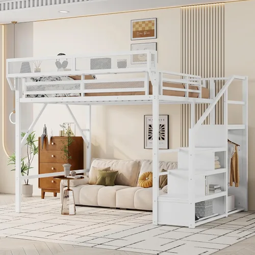 Miniatura 21 de KEIKI Estructura de Cama Loft de Metal Tamaño Twin con Escalera Convertible, Estantes de Almacenamiento Integrados y Armario, Cama Loft con Listones