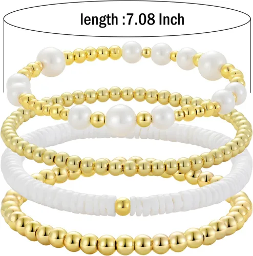 Miniatura 2 de Pulsera de cuentas de oro para mujer, apilable, chapada en perlas, juego de pulseras elásticas para mujer, a la moda