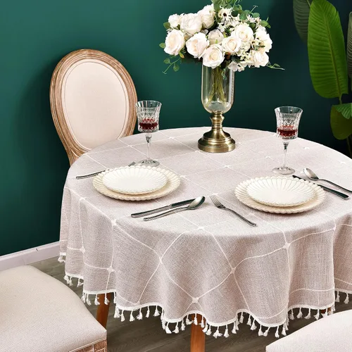 Miniatura 4 de Mantel redondo a cuadros de 36 pulgadas de algodón y lino, mantel redondo grueso, cubierta para mesa de café para casa de campo, cocina, comedor