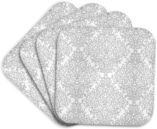 3dRose Gris y Blanco Damasco Gris Elegante Plata Remolino Victoriano Elegante Patrón Tradicional Posavasos Suaves, Juego de 4 (CST_151431_1)