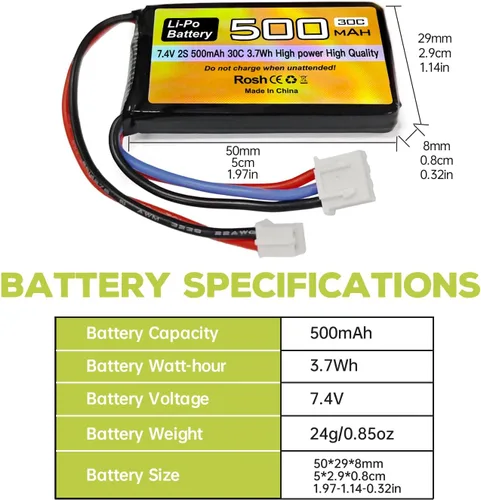 Miniatura 2 de Batería Lipo de 7.4 V, 500 mAh, 30 C, batería de drones con enchufe PH2.0 para modelos de automóvil AX24 SCX24 RC compatibles con la mayoría