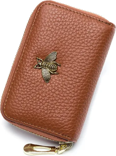imeetu - Tarjetero de cuero con cremallera y contra identificación por radiofrecuencia (RFID) pequeño, cartera para mujer