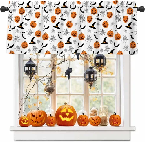 Cenefas de Halloween para ventanas, cortina de calabaza con sombrero de bruja, cortinas cortas con bolsillo para barra, cortinas de cenefa para