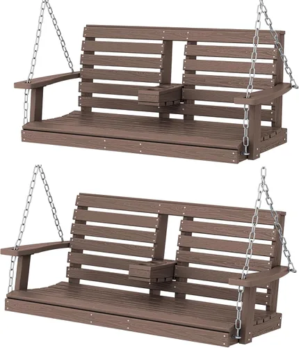 Miniatura 69 de KINGYES Columpio colgante para porche al aire libre, silla de columpio de patio de 2 asientos con portavasos, banco impermeable para patio y jardín