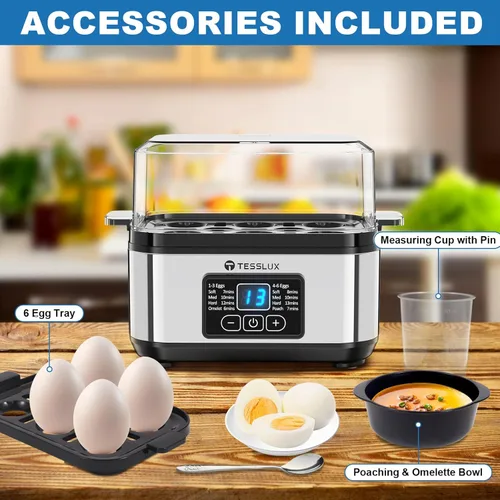 Miniatura 5 de Tesslux Olla eléctrica rápida para huevos, capacidad de 6 huevos para huevos duros, huevos escalfados, huevos revueltos u tortillas con apagado