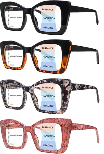 Paquete de 4 lentes de lectura multifocales progresivos para mujeres, estilo Oprah, bloqueo de luz azul, lectores de computadora