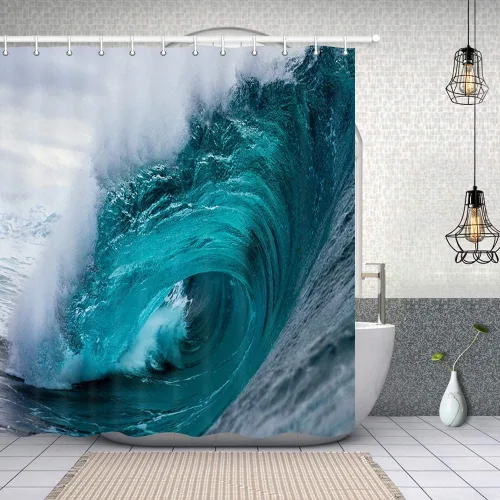 Miniatura 2 de NYMB Cortina de ducha de agua de mar, tela de poliéster, náutica de verano, tropical, olas sobre un azul y blanco ventoso, decoraciones de baño