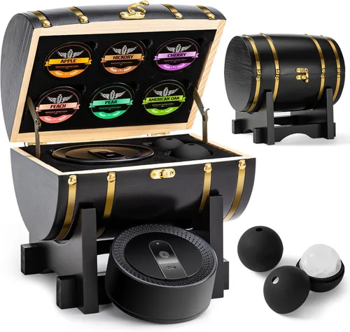 Kit de ahumador de whisky eléctrico con barril de exhibición de madera, kit de ahumador de cócteles recargable con 6 astillas de madera premium para