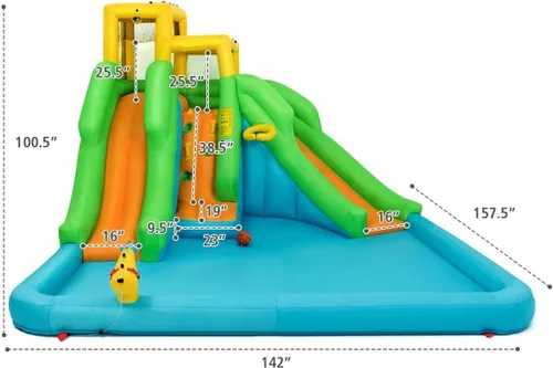 Miniatura 7 de OLAKIDS Tobogán acuático inflable, casa de rebote 6 en 1 con 2 toboganes, pared de escalada, piscina de salpicaduras, borde de baloncesto, pistola