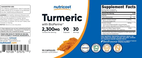 Miniatura 6 de Nutricost Cúrcuma con BioPerine 90 cápsulas para 30 porciones por botella, extracto de cúrcuma hecho con 95% curcuminoides, incluye extracto