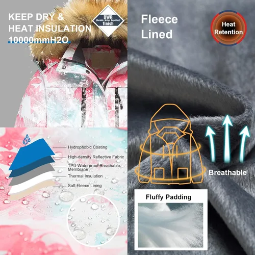 Miniatura 4 de Pursky Chaqueta de esquí impermeable para niñas, abrigos de nieve de invierno para niños, impermeable, parka