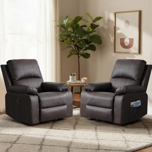 Miniatura 12 de Silla reclinable giratoria de cuero de 360° para adultos, sillón reclinable manual con cojín de resorte, sofá individual con bolsillos laterales