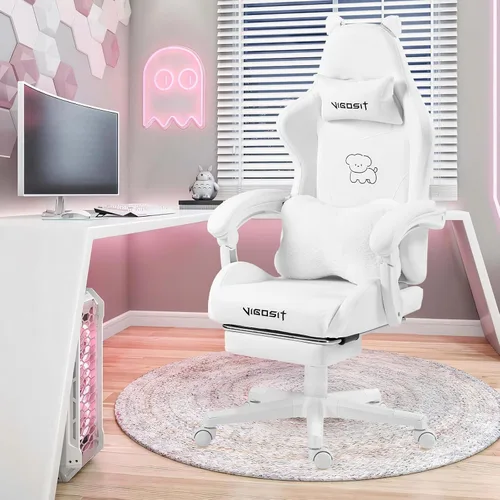 Miniatura 7 de Vigosit Silla de juegos para perros blancos con reposapiés, ergonómica y bonita silla de jugador para niñas y mujeres, cómoda silla de computadora