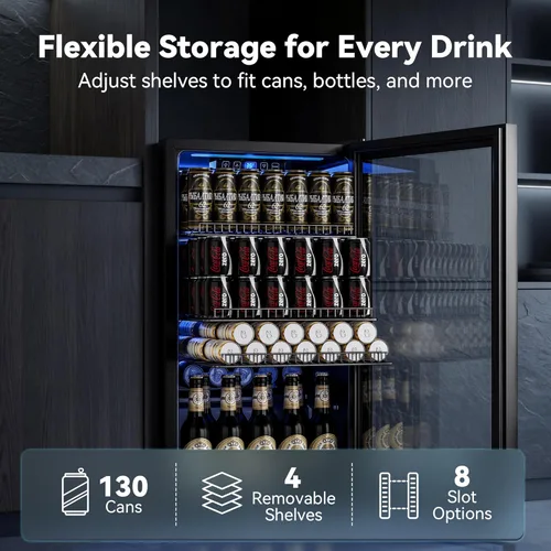 Miniatura 3 de Manastin Refrigerador de bebidas, refrigerador independiente para 120 latas con puerta de vidrio, estantes ajustables y pantalla digital de Negro