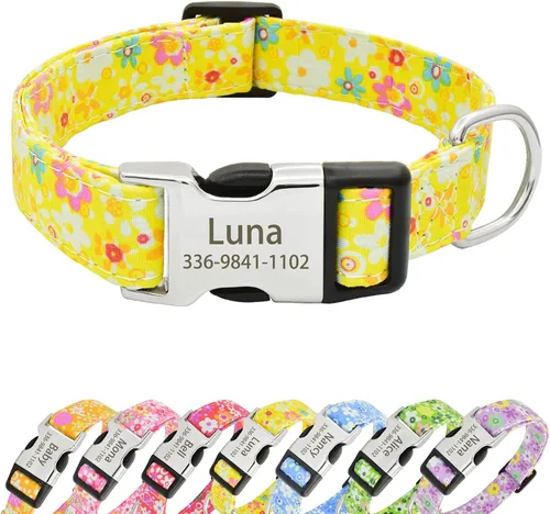 Miniatura 13 de Collares de perro florales personalizados con nombre, collares suaves personalizados con hebilla grabada para perros pequeños, medianos y grandes