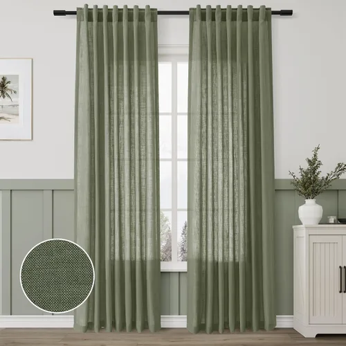 Miniatura 14 de Aersas Aqua Green Linen Curtains 84 Inches Long 2 Panels Set Back Tab Rod Pocket Living Room Curtain Farmhouse Rustic Light Filtering Hook Drapes