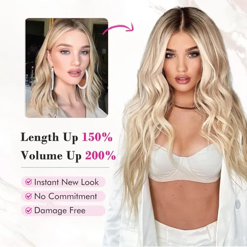 Miniatura 5 de REECHO Extensiones de cabello con pinza, 4 piezas de extensiones de cabello rubio de 24" de largo, ondas de playa gruesas, HE003, trama de encaje