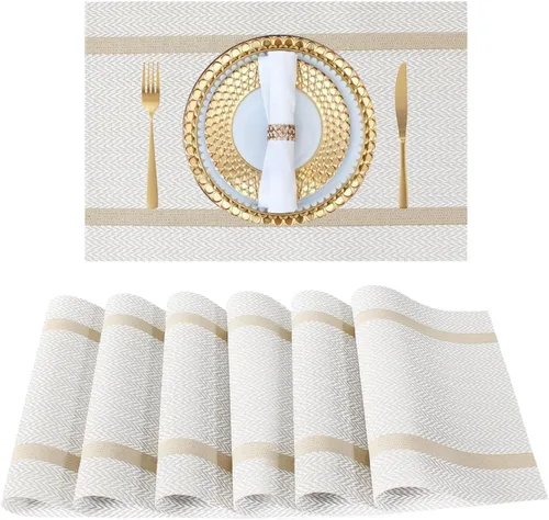 Miniatura 14 de FAVE Juego de 12 manteles individuales negros tejidos con hilo dorado de vinilo para bodas, banquetes, cumpleaños, fiestas, restaurantes